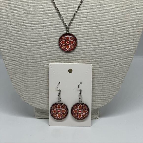 Handmade Red Orange Teal Silver Mandala Pendant Necklace & Earrings Set NWT OS - Picture 4 of 6